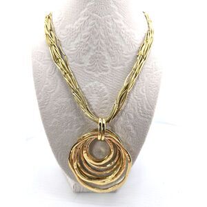 Treska Liquid Gold Tone Circular Pendant Necklace Multi Strand Brutalist Hoops
